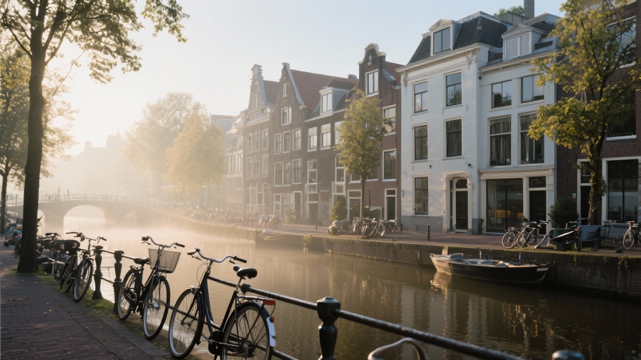 Morning view of Amsterdam canal near Herengracht with bicycles, canal houses, and soft light illustrating local context for Dutch marketing academy headquarters.