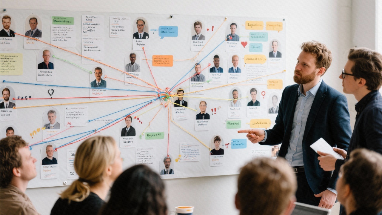Detailed persona mapping board showing Dutch decision maker profiles, pain points, and content preferences connected by colored strings while research team reviews insights.