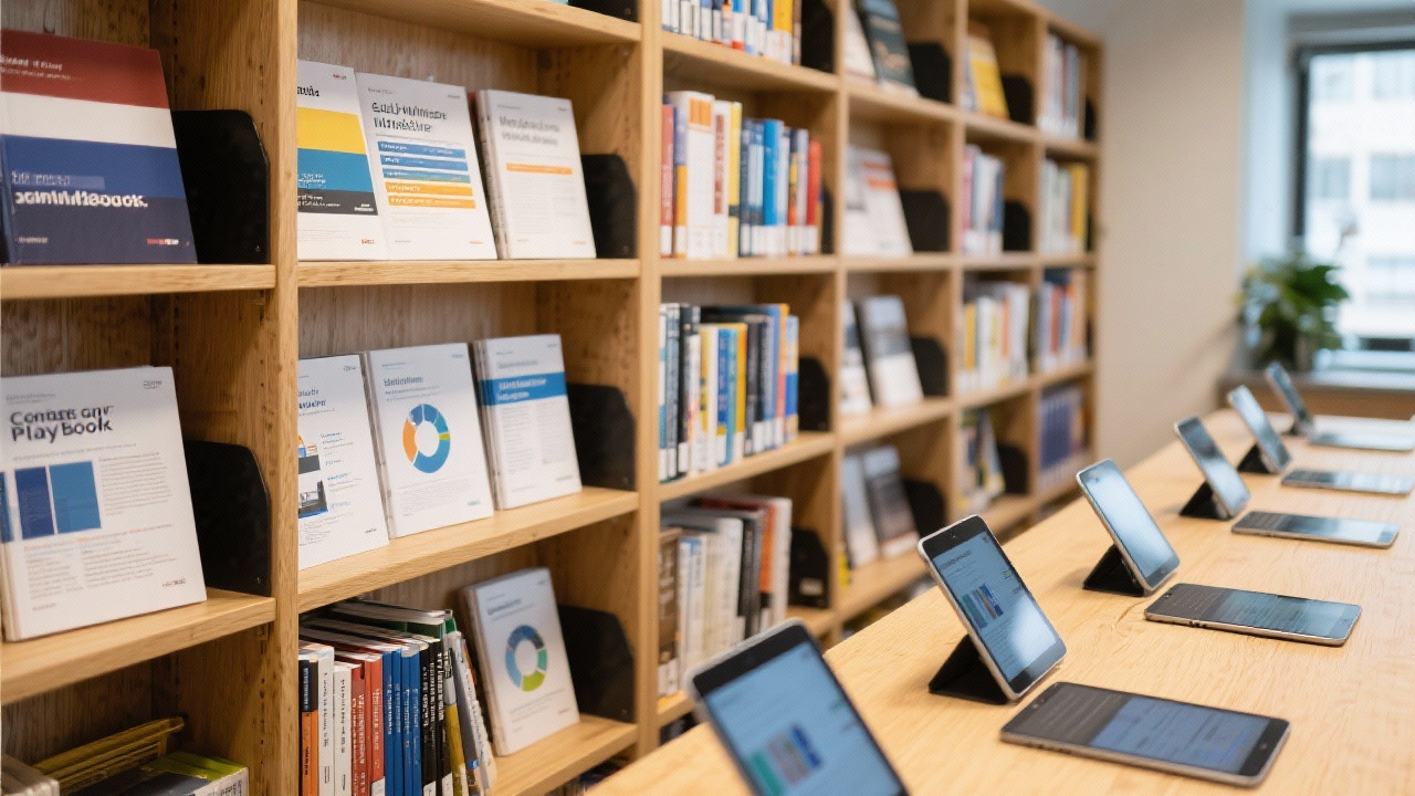 Curated library of Dutch marketing reports, industry whitepapers, and content playbooks neatly organized on shelves beside digital tablets ready for course participants.