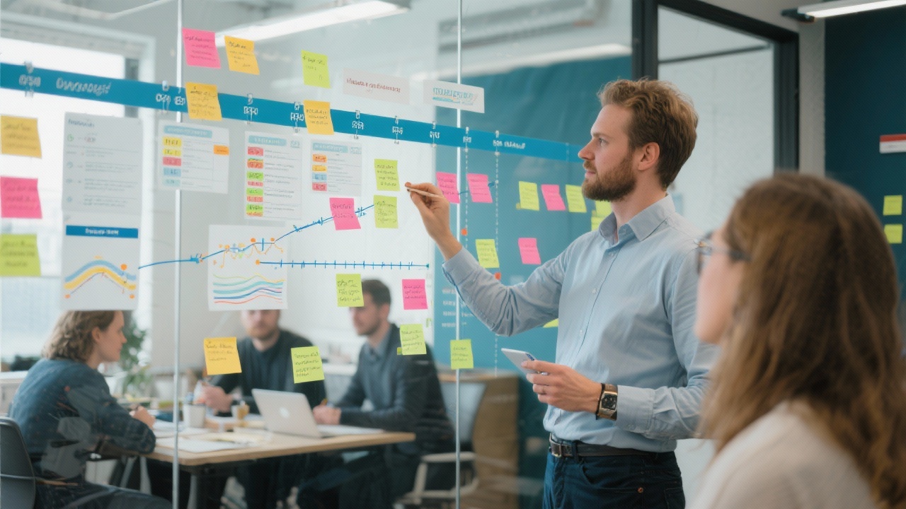 Project manager mapping editorial planning milestones with sticky notes, swimlane diagrams, and resource allocations on glass wall while collaborating with Dutch copywriters.