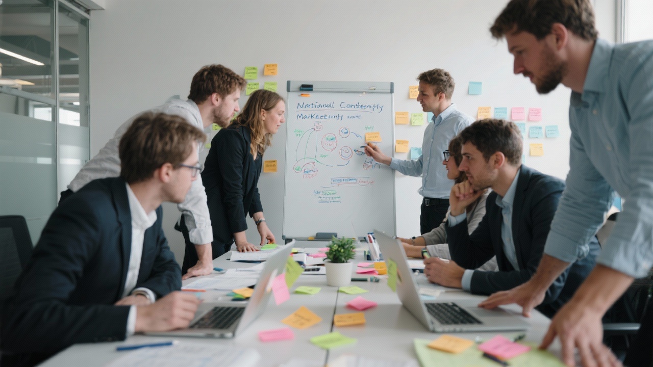Group of Dutch marketing professionals collaborating during intensive strategy sprint in contemporary Amsterdam office with whiteboards, laptops, sticky notes, and focused expressions while developing national content marketing initiatives.