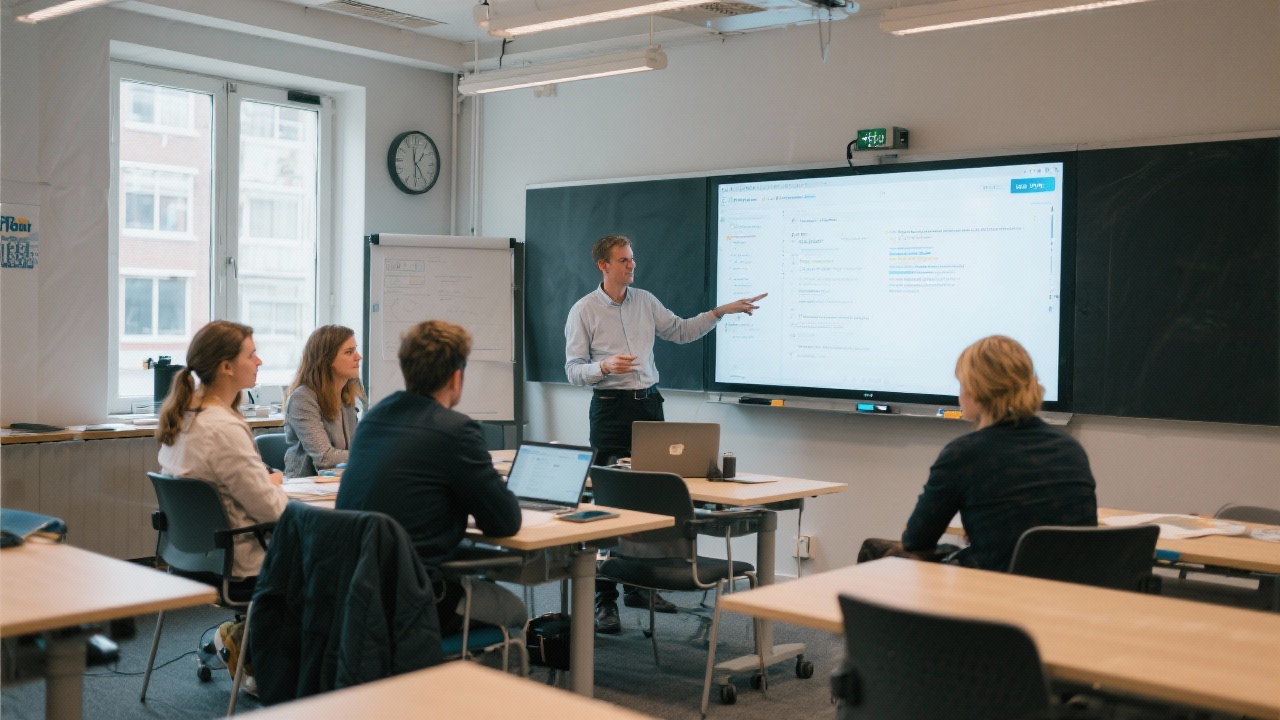Small cohort of marketers attending practical training session in Amsterdam classroom equipped with large displays, collaborative tables, and facilitator demonstrating content workflows.